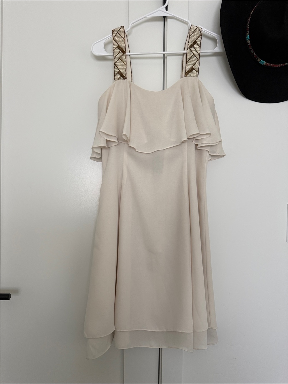 Vintage Cream Ruffle Top Mini Dress with Beaded Straps